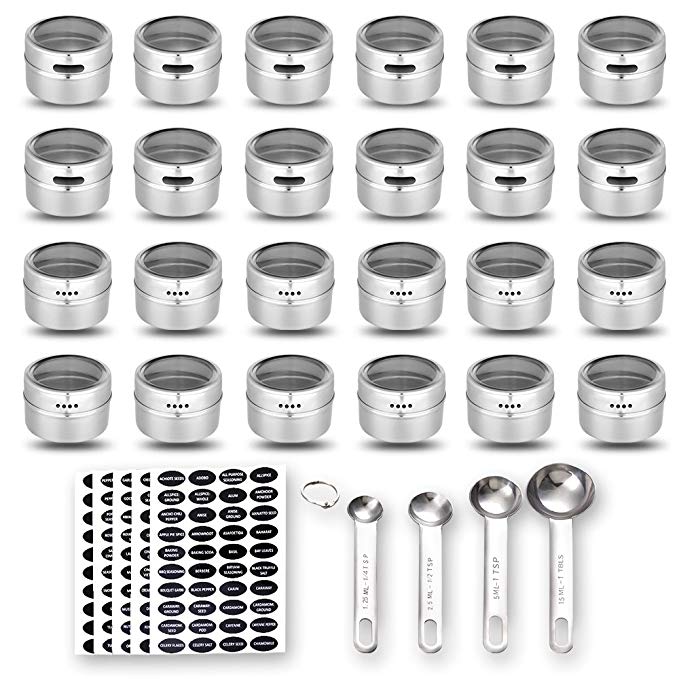 24 Magnetic Spice Tins, 200 Spice Labels, 4 Stainless Steel Measuring Spoons by Hanindy. Magnetic Spice Jars Organizer Storage Condiment Container Set of 24, Clear Lid, Sift and Pour