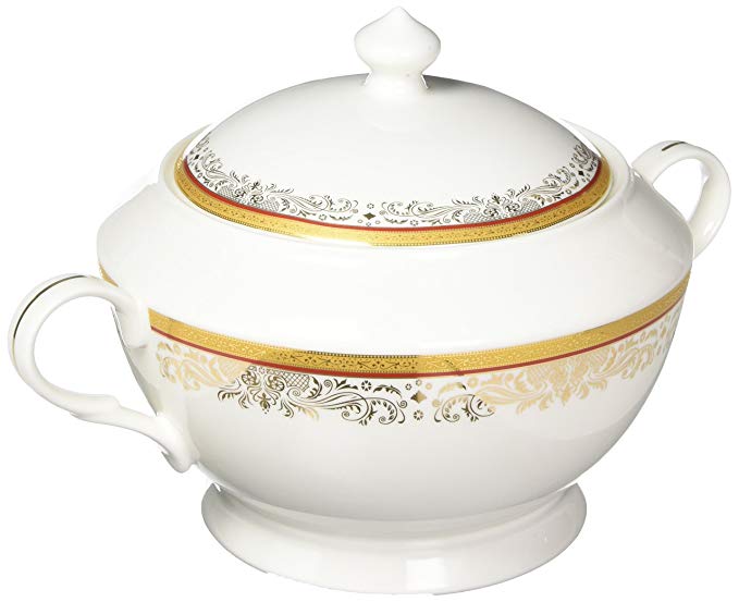Lorenzo Import La Luna Collection Bone China Souptureen with Lid, Romina Pattern by Lorren Home Trends, Red