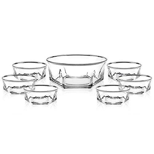 Elegant Luxury Crystal 7 Piece Serving Salad Bowl Set with Silver Trim. 1 Large and 6 Small. Made of Fine Imported Glass.
