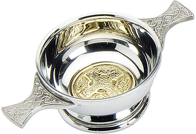 Pewter Scottish Quaich with Celtic Handles and Celtic Cross Brass Insert Inside 4 inch Bowl