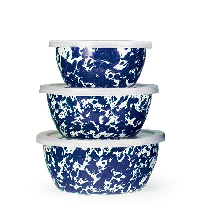Enamelware - Cobalt Blue Swirl Pattern - Set of 3 Storage Bowls with Lids