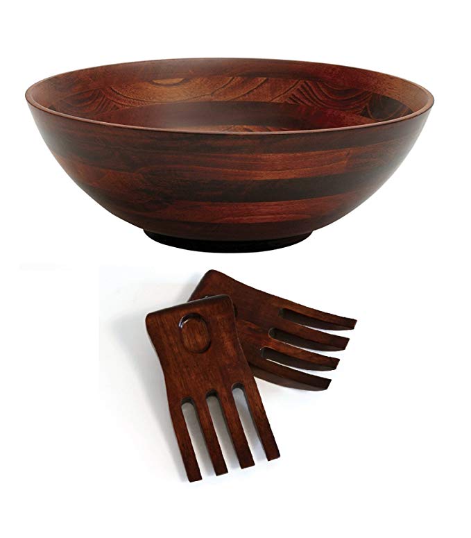 Lipper International 274-3 Cherry Finished Footed Serving Bowl with 2 Salad Hands, Large, 13.75