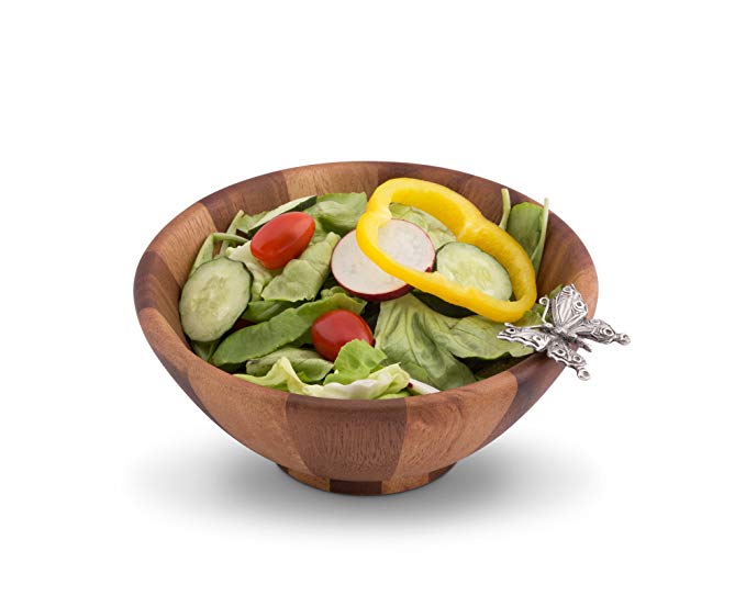 Vagabond House Single Serving Wood Salad Bowl with Pewter Butterfly 7.5 Inches Diameter Bowl 3.25 inches Tall