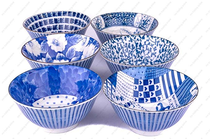M.V. Trading MVSZ001/S Japanese Assorted Decorative Porcelain Bowls, 6-Inch (16 Ounces), Set of 6