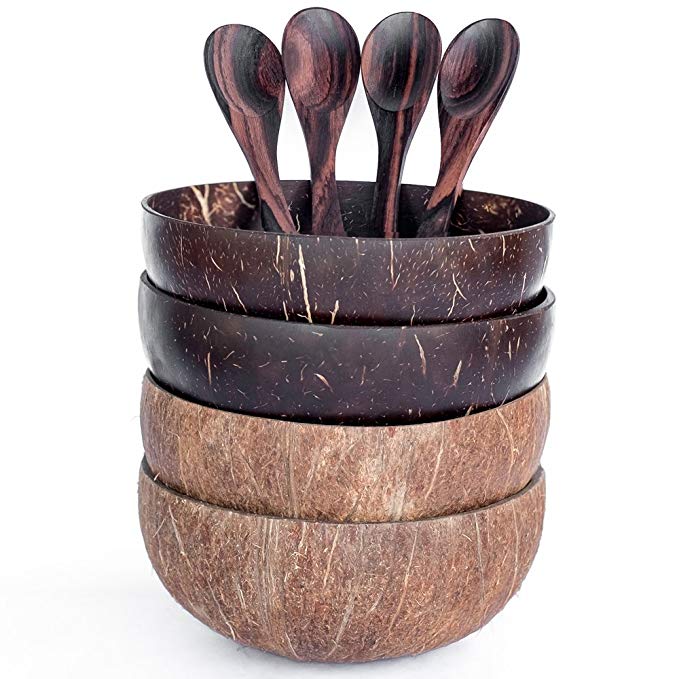 Bali Harvest Combo Original and Natural Coconut Bowls and Wooden Sono Spoons - 100% Vegan & Natural Handmade from Reclaimed Coconut Shells (4 Bowls with 4 Spoons)