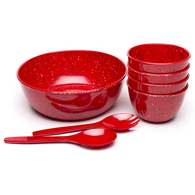 Zak Designs Confetti 7-piece Plastic Salad Bowl Set, Red