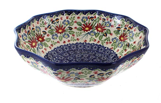 Blue Rose Polish Pottery Jungle Bouquet Medium Decagonal Serving Bowl