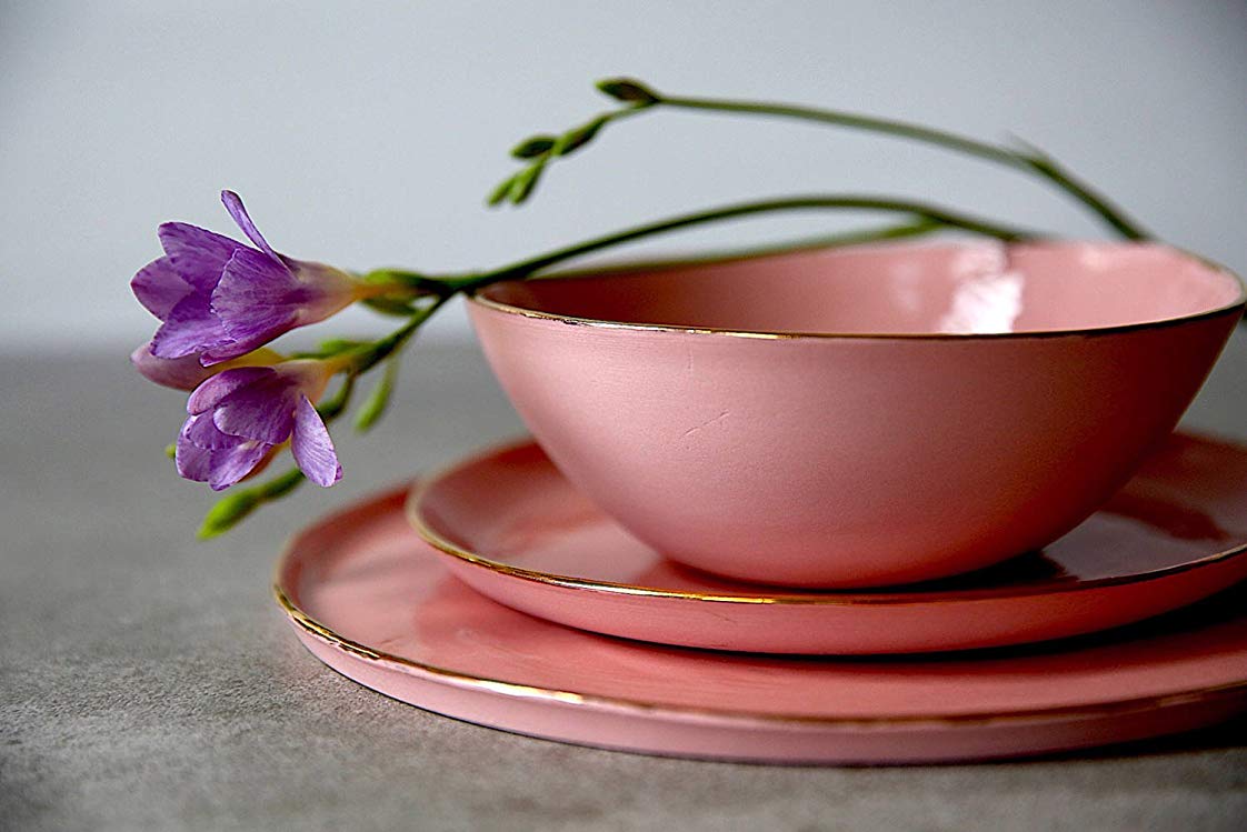 Pink porcelain and 14K gold rim modern dinnerware set of 3 - soup bowl, dinner plate, dessert plate by SinD studio