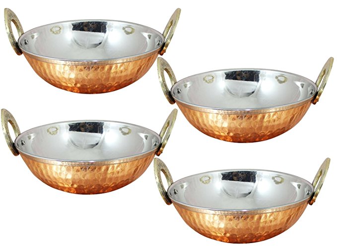 Avs Stores Set of 4, Pure Copper, Stainless Steel Bowls with Solid Brass Handle Serveware Accessories Karahi Pan for Indian Food,Diameter- 7 Inches