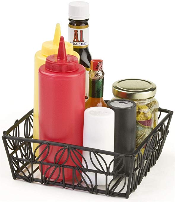 Set of 6, Condiment Basket with Decorative Leaf Accent, Square, Black Powder Coated Steel Wire Construction, Open Style Design, 7-1/8 x 2-1/2 x 7-1/8-Inch