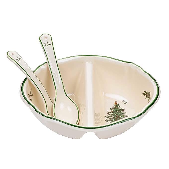Spode Christmas Tree Divided Serving Dish with 2-Spoons