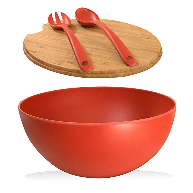 Clean Dezign Extra Large Serving Bowl with Cutting Board Bamboo Lid and Servers - Bamboo Fiber Material perfect for Salad Fruit Pasta (Large, Red)