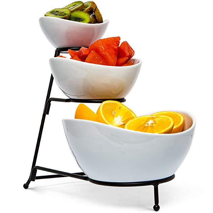 Food Serving Bowl Set: 3 Tier Metal Display Stand with 3 White Stoneware Bowls | Dessert and Snack Server by Chef’s Medal
