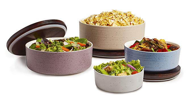 Libbey 92335 Urban Story 4-Piece MultiSize, Multicolor Ceramic Bowl Set with Lids, NA oz, Purple, Taupe, Blue, Grey Brown