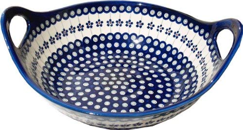 Polish Pottery Bowl with Handles From Zaklady Ceramiczne Boleslawiec #1347-166a Floral Peacock Diameter: 12