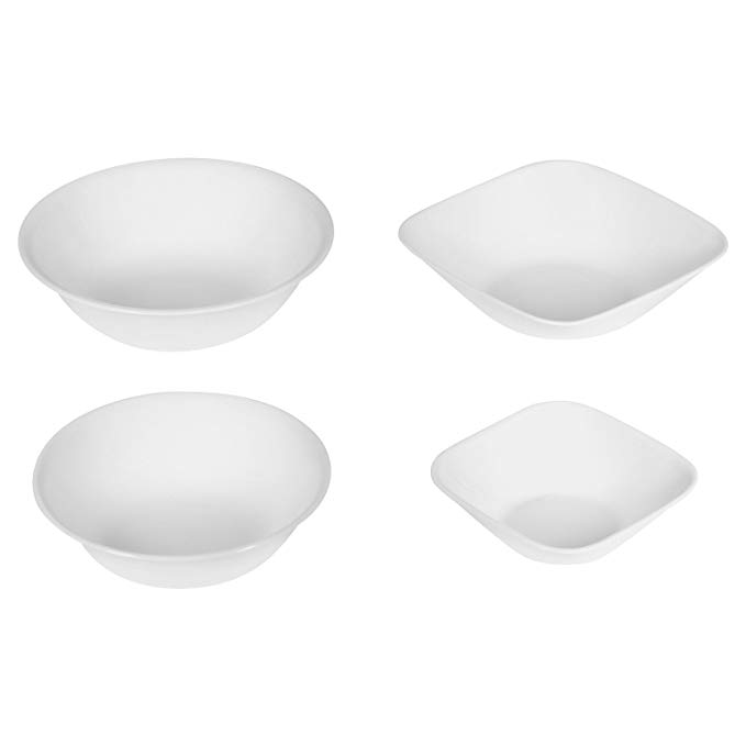 Corelle Livingware 4-Piece Bowl Set, includes 1 each 22-ounce SquareSoup/Cereal Bowl, 1-1/2-quart Square Serving Bowl, 1-quart Round ServingBowl, 2-quart Round Serving Bowl, White