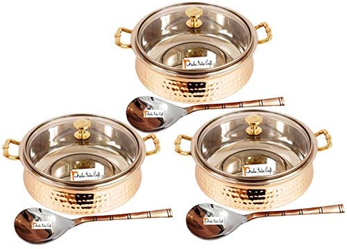 Set of 3 Prisha India Craft SMALL SIZE Steel Copper HANDI with Lid and Serving Spoon - Set of Copper Handi and Serving Spoon - Bowl Dia - 5.00