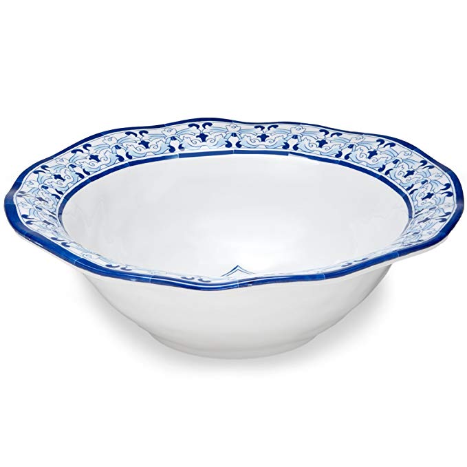 Q Squared Talavera in Azul BPA-Free Melamine Serving Bowl, 12-Inches, Blue and White