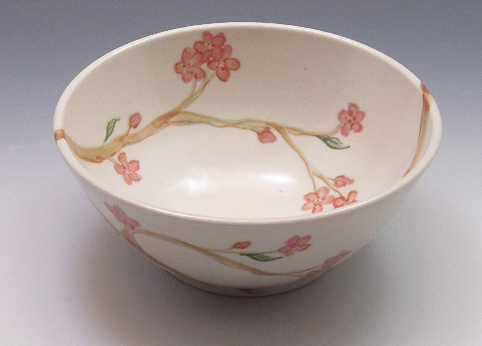 Porcelain cereal or soup bowl, hand thrown and hand painted in cherry blossom design