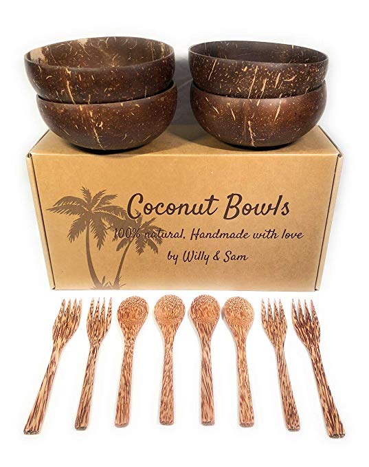 Coconut Bowl, Spoon and Fork 100% natural. Includes 4 Coconut Bowls, 4 Spoons and 4 Forks | Handmade with love | Ideal for making organic Breakfast, Smoothie, Salad or Buddha Bowl. Perfect Gift