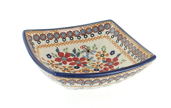 Blue Rose Polish Pottery Red Daisy Small Square Bowl