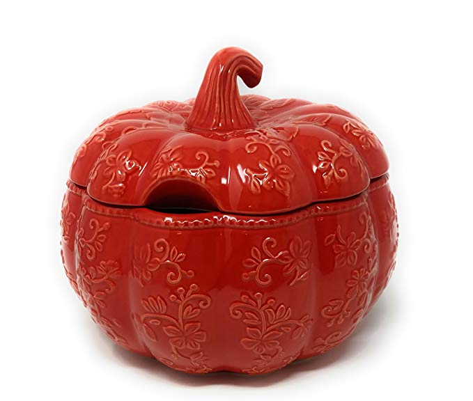 Temp-tations 4 qt Soup Tureen with Lid - Embossed Pumpkin, (Floral Lace Spice)