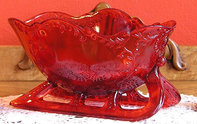 Solid Ruby Red Glass Victorian Holly Sleigh Centerpiece Bowl