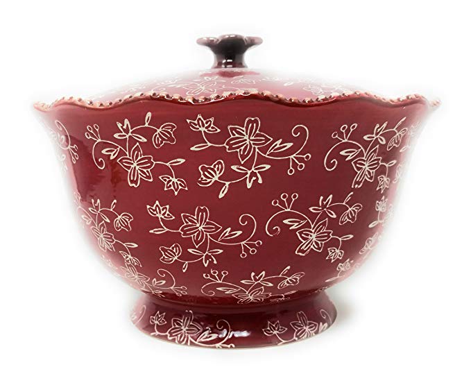 Temp-tations 3 qt Serving Bowl with Lid, Stoneware, Scallop & Flange Edge (Floral Lace Cranberry)