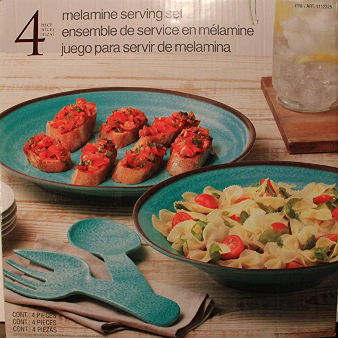 Four Piece Melamine Serving Set - Turquoise - Platter, Bowl, Fork and Spoon