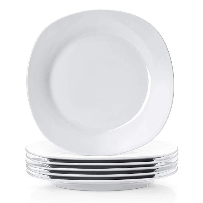 YHY 6 Pcs 10.5-inch Porcelain Dinner Plates, Square Round Serving Plate Set, White