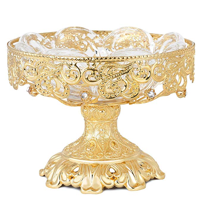 Crown Crystal Fruit Bowls Candy Dishes Gold for Wedding, XINFANGXIU Glass Compotes Centerpiece Bowls 7.9 inches Round Large Metal Vase Footed Pedestal Vintage Decorative for Parties Office Home Decor