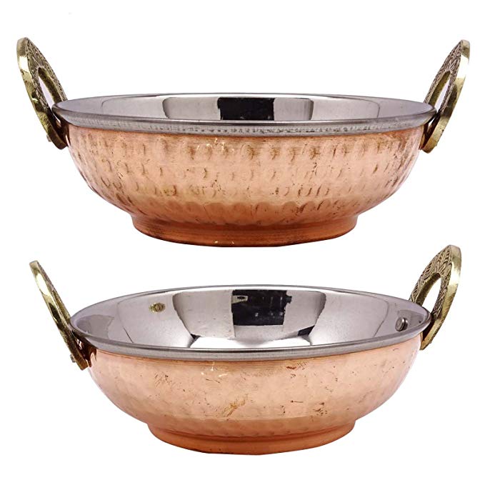 Set Of 2 Copper Karahi Indian Cuisine Tableware Serving Bowl Copper Steel Decor