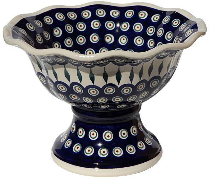 Polish Pottery Pedestal Bowl From Zaklady Ceramiczne Boleslawiec 1722-56 Classic Pattern, Dimensions: Height: 6.5