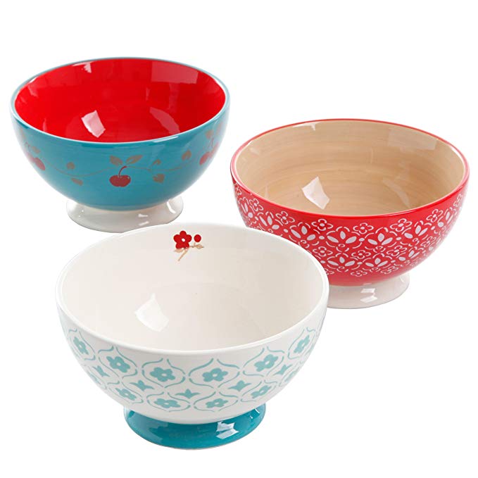Gibson Home 102437.06RM General Store Home Cherry Diner 6.25 Inch, 3 Assorted Designs Hand-Painted Durastone Footed Bowl (Set of 6), Red