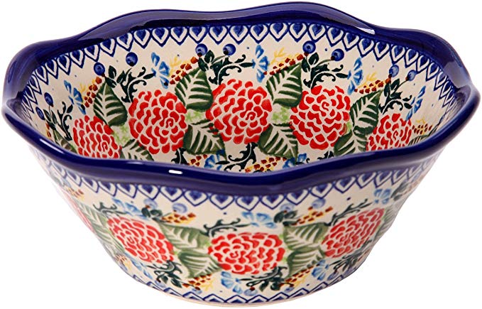 Polish Pottery Ceramika Boleslawiec 0423/280 Royal Blue Patterns with Red Rose Motif Bowl Viki 1, 3-1/4 Cup