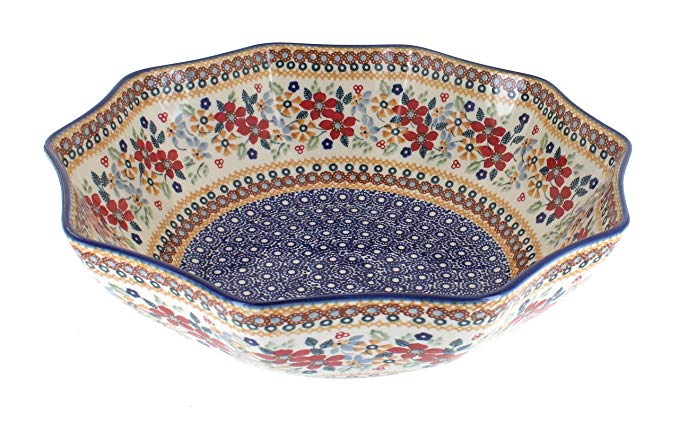 Blue Rose Polish Pottery Red Daisy Large Decagonal Serving Bowl